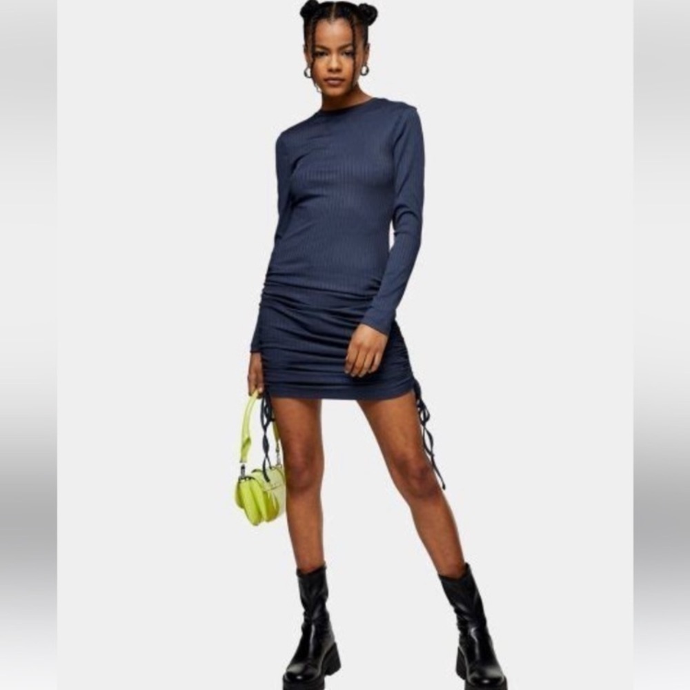 Topshop Ruched Long Sleeve Ribbed Dress